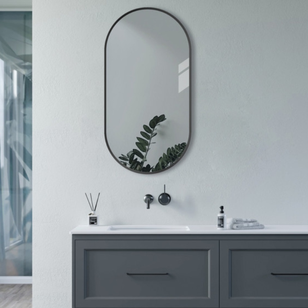 Product Lifestyle image of the Apex Matt Black 400mm x 800mm Oblong Mirror